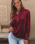 Gwynn Frilled Neck Buttoned Front Velvet Top