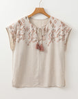 Louisa Embroidered Short Sleeve Tassel Tied Blouse