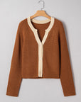 Contrast Trim Buttoned V-Neck Cropped Cardigan