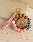 MAMA Wood Pendant Leopard Fringe Keychain