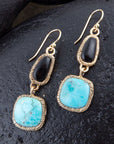 Black Onyx and Blue turquoise Golden Bronze Drop Earrings