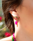 Blooming Pink Agate Post Golden Earrings