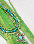 Legacy Lime Green and Blue Turquoise Golden Cross Pendant Statement Necklace