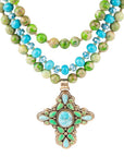 Legacy Lime Green and Blue Turquoise Golden Cross Pendant Statement Necklace