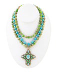 Legacy Lime Green and Blue Turquoise Golden Cross Pendant Statement Necklace
