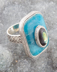Blue Apatite and Abalone Stacked Sterling Silver Ring