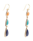 Blue Lapis, Turquoise and Orange Sponge Coral Golden Drop Earrings