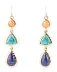 Blue Lapis, Turquoise and Orange Sponge Coral Golden Drop Earrings