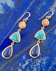 Blue Lapis, Turquoise and Orange Sponge Coral Golden Drop Earrings