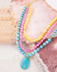 St. Augustine Pink Agate and Blue Turquoise Golden Pendant Necklace