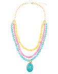St. Augustine Pink Agate and Blue Turquoise Golden Pendant Necklace