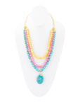 St. Augustine Pink Agate and Blue Turquoise Golden Pendant Necklace