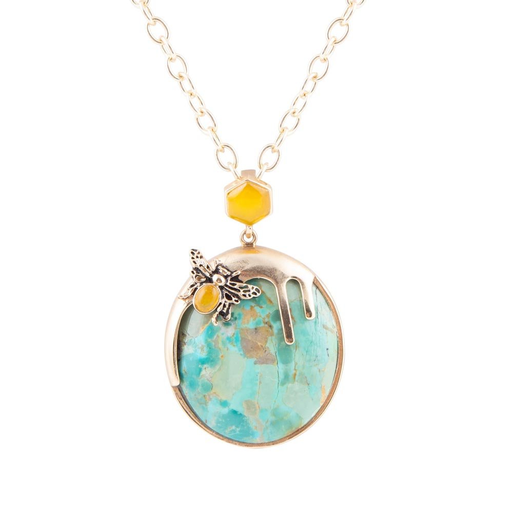 Blue Turquoise and Agate Honey Drip Golden Necklace