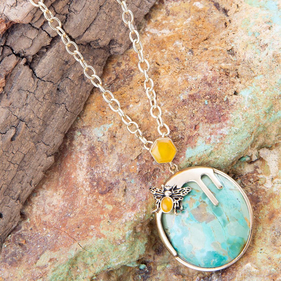 Blue Turquoise and Agate Honey Drip Golden Necklace