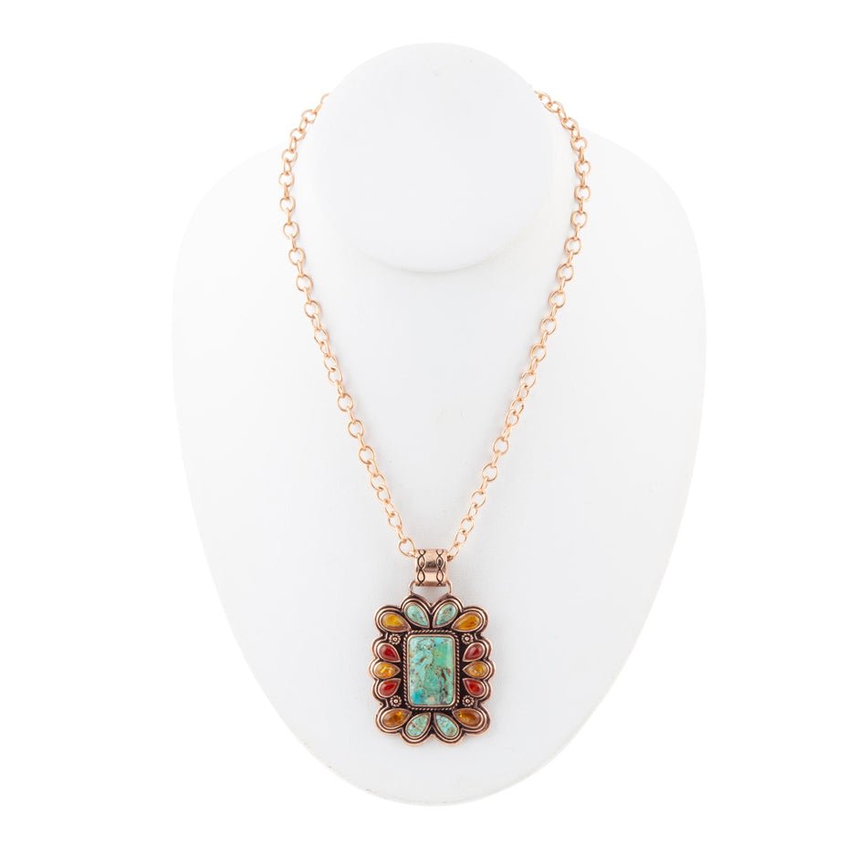 Blue Turquoise and Red Carnelian Copper Pendant Necklace