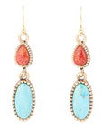 Blue Turquoise and Red Coral Golden Drop Earrings