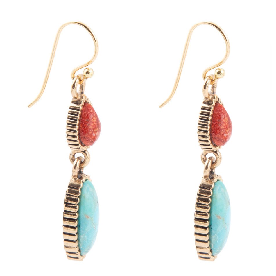 Blue Turquoise and Red Coral Golden Drop Earrings