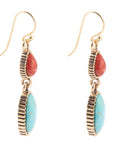 Blue Turquoise and Red Coral Golden Drop Earrings