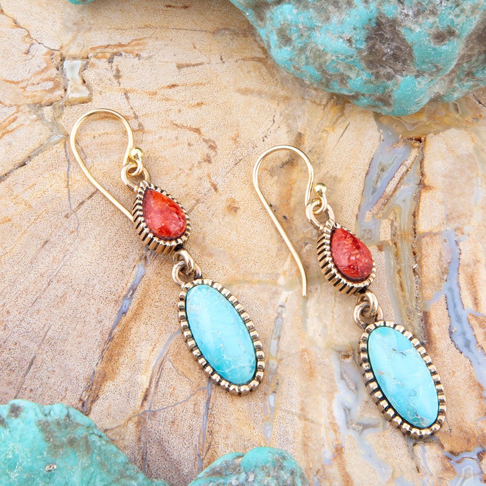 Blue Turquoise and Red Coral Golden Drop Earrings