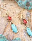 Blue Turquoise and Red Coral Golden Drop Earrings