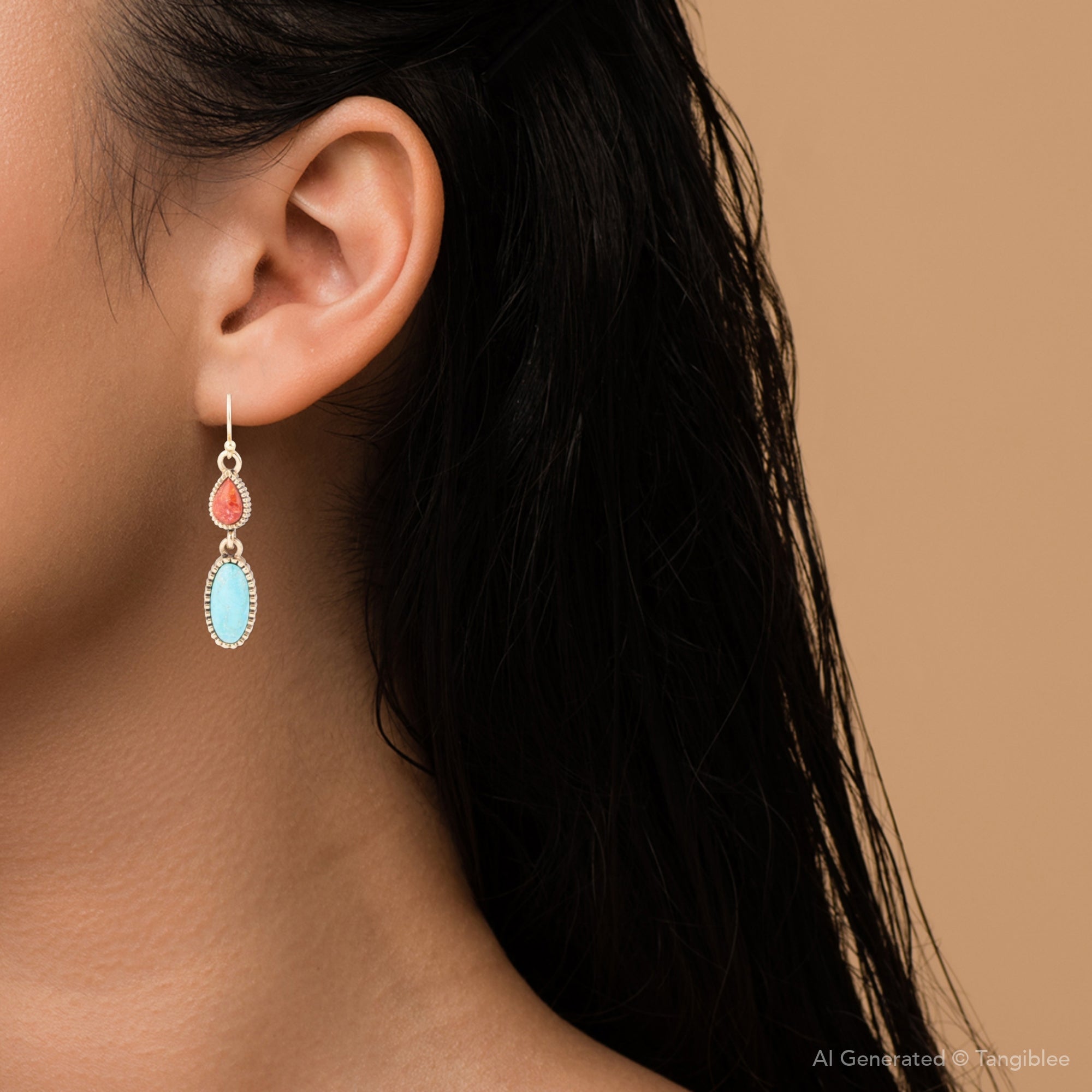Blue Turquoise and Red Coral Golden Drop Earrings