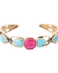 Blue Turquoise and Red Quartz Golden Cuff Bracelet