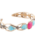 Blue Turquoise and Red Quartz Golden Cuff Bracelet