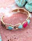 Blue Turquoise and Red Quartz Golden Cuff Bracelet