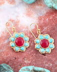 Blue Turquoise and Red Quartz Flower Golden Earrings