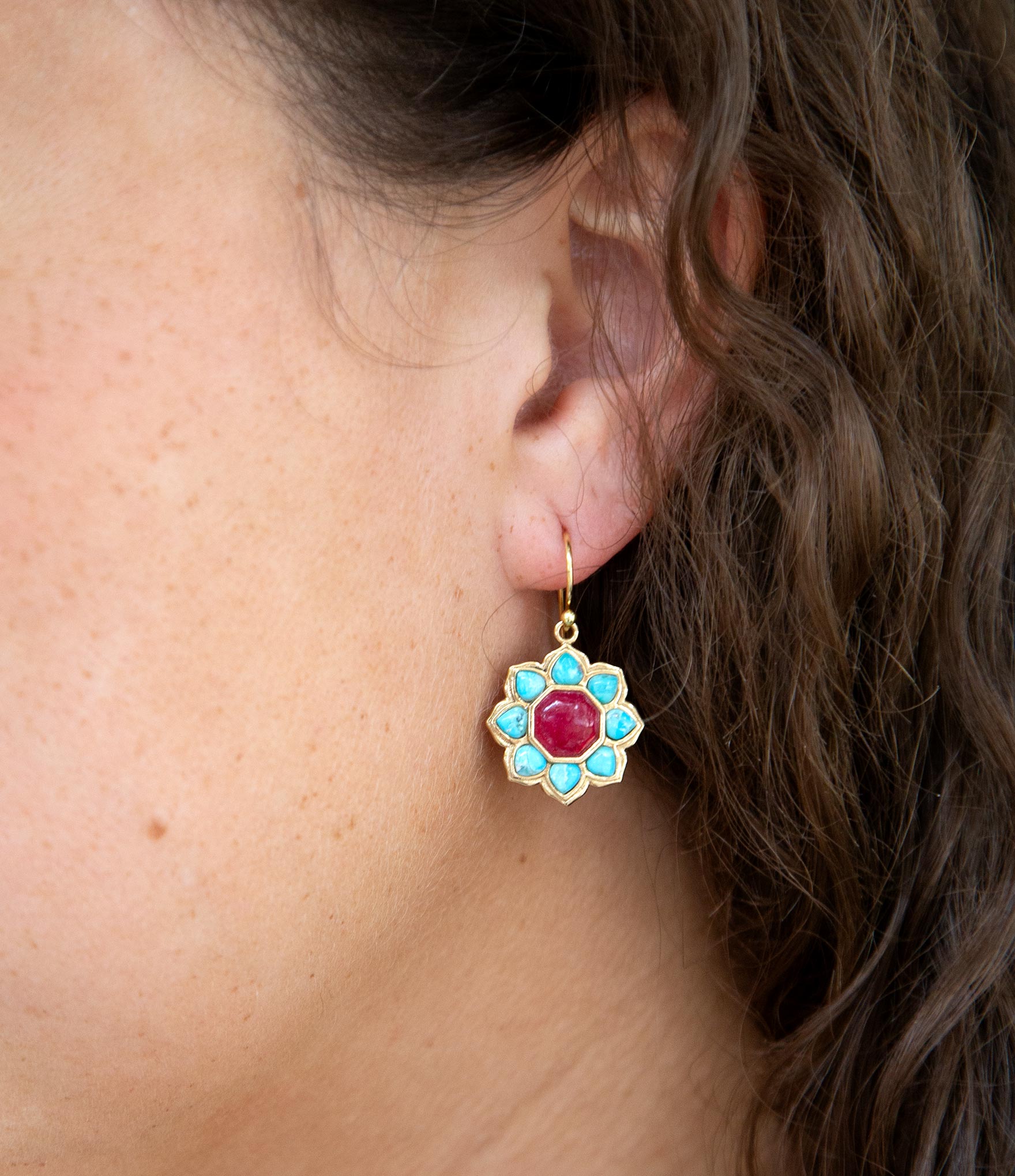 Blue Turquoise and Red Quartz Flower Golden Earrings