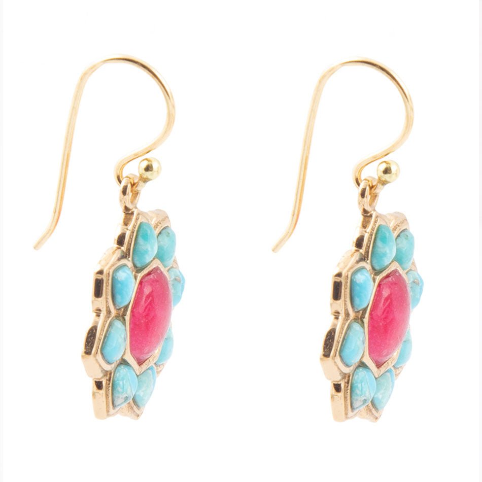 Blue Turquoise and Red Quartz Flower Golden Earrings