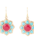 Blue Turquoise and Red Quartz Flower Golden Earrings