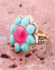 Blue Turquoise and Red Quartz Flower Golden Ring