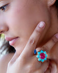 Blue Turquoise and Red Quartz Flower Golden Ring