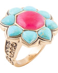 Blue Turquoise and Red Quartz Flower Golden Ring
