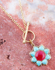 Blue Turquoise and Red Quartz Golden Chain Necklace