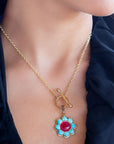 Blue Turquoise and Red Quartz Golden Chain Necklace