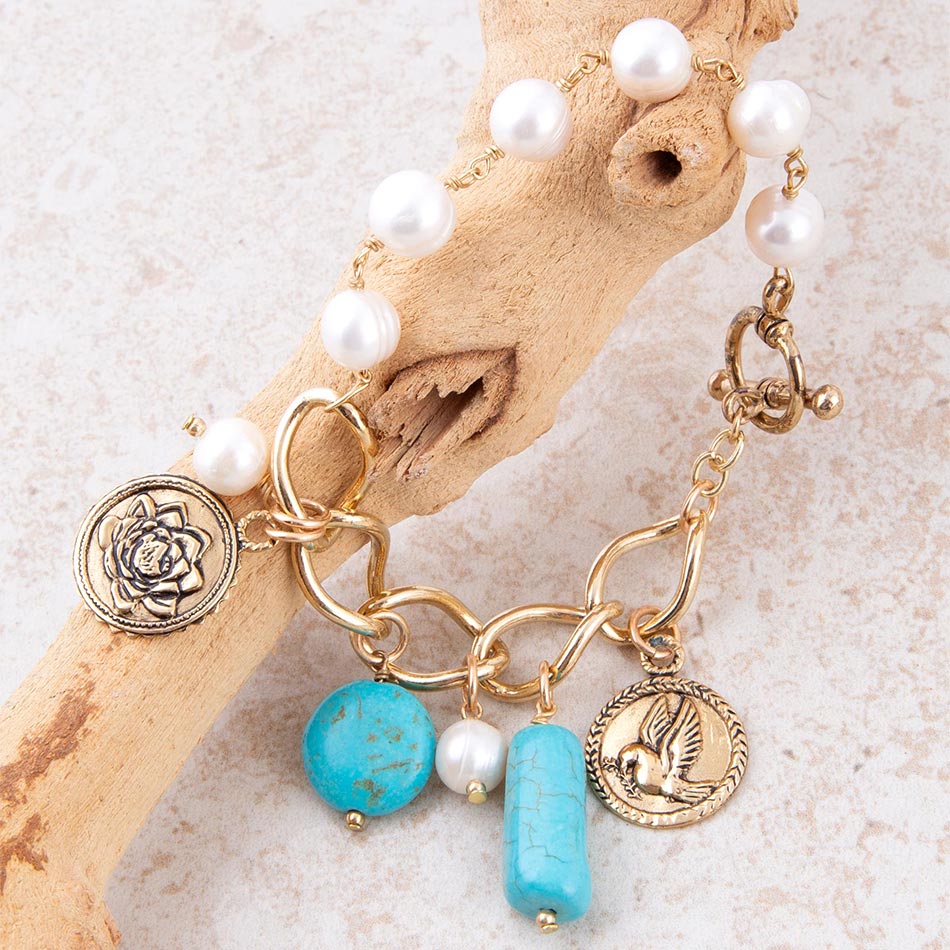 Blue Turquoise and White Pearl Multi Charm Golden Bracelet