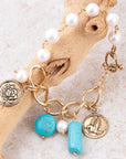 Blue Turquoise and White Pearl Multi Charm Golden Bracelet