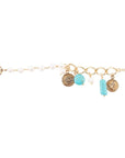Blue Turquoise and White Pearl Multi Charm Golden Bracelet