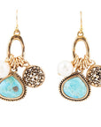 Blue Turquoise and White Pearl Multi Charm Golden Charm Earrings