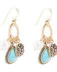 Blue Turquoise and White Pearl Multi Charm Golden Charm Earrings
