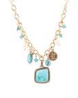 Blue Turquoise and White Pearl Multi Pendant Golden Necklace