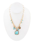 Blue Turquoise and White Pearl Multi Pendant Golden Necklace