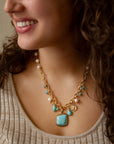 Blue Turquoise and White Pearl Multi Pendant Golden Necklace