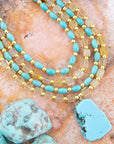 Blue Turquoise and Yellow Citrine Multi-Layer Golden Necklace