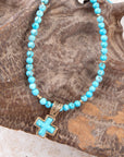 Blue Turquoise Cross Golden Pendant Necklace