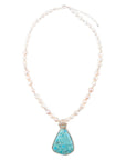 Blue Turquoise Pendant and White Pearl Sterling Silver Necklace