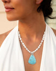 Blue Turquoise Pendant and White Pearl Sterling Silver Necklace