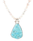 Blue Turquoise Pendant and White Pearl Sterling Silver Necklace
